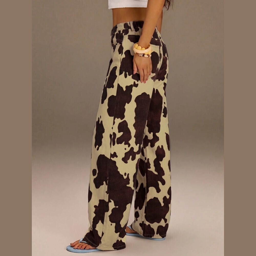 Tan Cow Print Denim Wide Leg Jeans - Picture 5 of 6